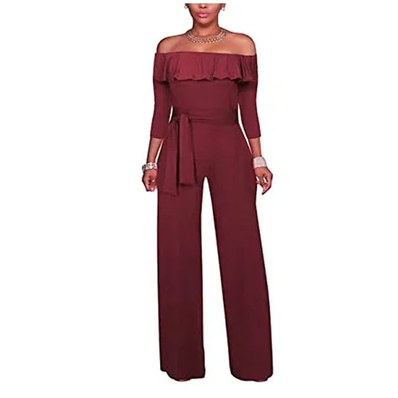 Women's Ruffled Overlay Off Shoulder Wide Leg Long Sleeves Jumpsuit with Belt L - Picture 1 of 6